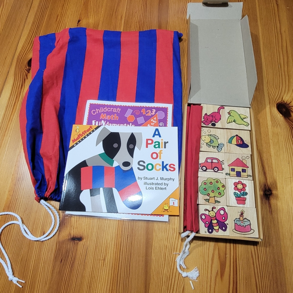 TEACHERS NWT Childcraft Math Bag: "A Pair of Socks" Book, 40 Wooden Pcs, & Guide